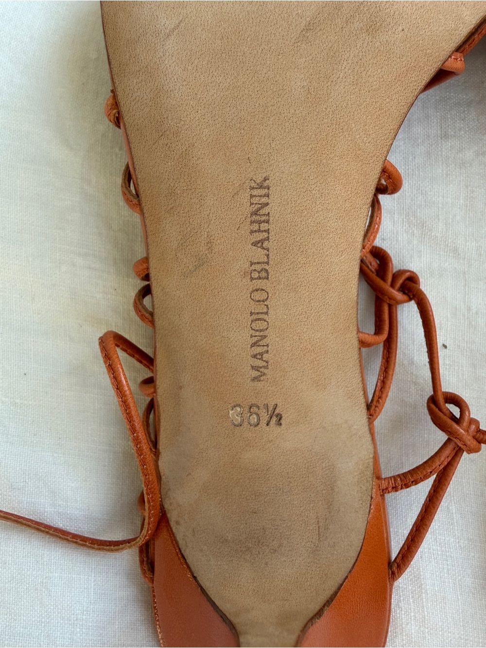 Vintage Manolo Blahnik Strappy Knotted String Wrap Tie Open Toe Heels Orange Tan - Picture 6 of 8